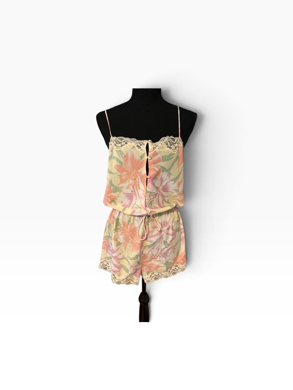 Victorias Secret Cami Romper Womens Pink Floral Chiffon Lace Sleepwear Med Y2K